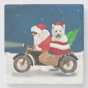 Porta-copo De Pedra Passeio Festivo de Westie: Papai Noel em uma moto