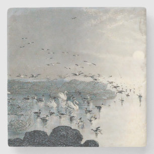 Porta-copo De Pedra Patos, Mallards e Cisnes no lago ao pôr do sol