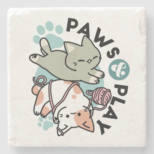 Porta-copo De Pedra Paws and Play – Adorable Cat Illustration (Frente)
