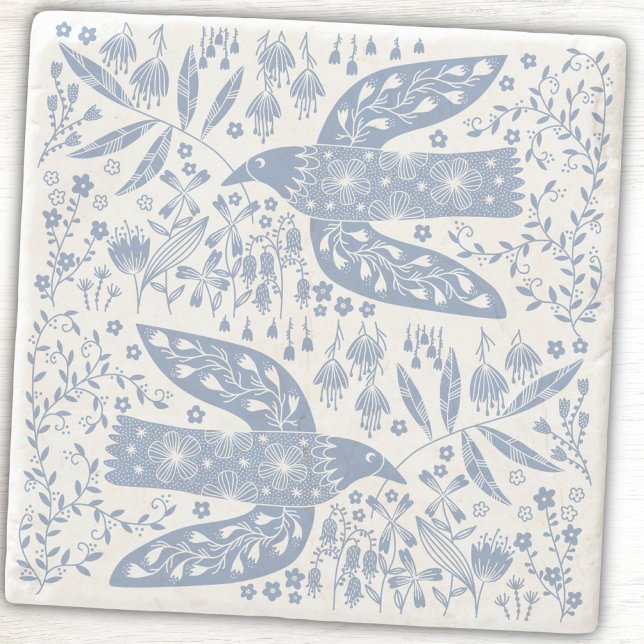 Porta-copo De Pedra Peace Dove Birds and Wildflowers Blue (Peace Doves blue and white folk art stone coasters. Original art by Nic Squirrell. )