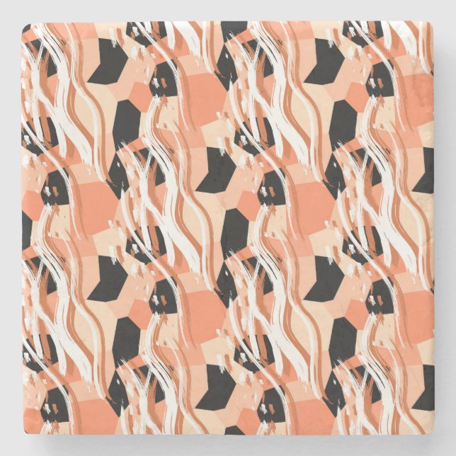 Porta-copo De Pedra Peach Black White Abstrato Pattern. (Frente)