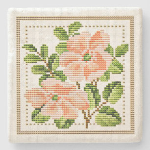 Porta-copo De Pedra Peach Flowers Needlepoint Vintage Style Porta copo