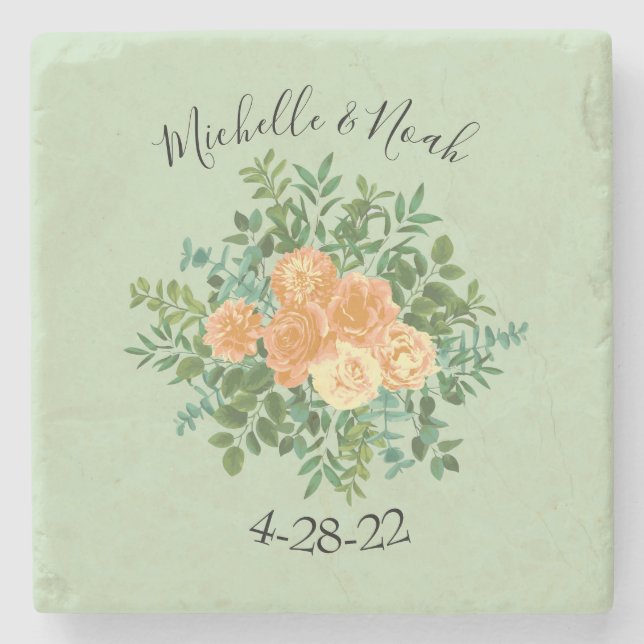 Porta-copo De Pedra Peach Green Wedding Primavera Pastel (Frente)