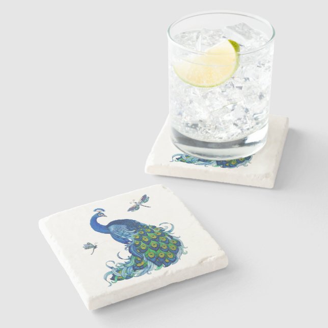 Porta-copo De Pedra Peacock and Dragonfly Design Set (Lateral)