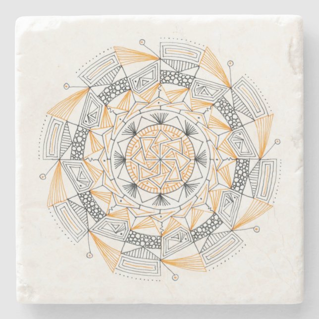 Porta-copo De Pedra Pedra de Mármore COASTER c/ Design Mandala Laranja (Frente)