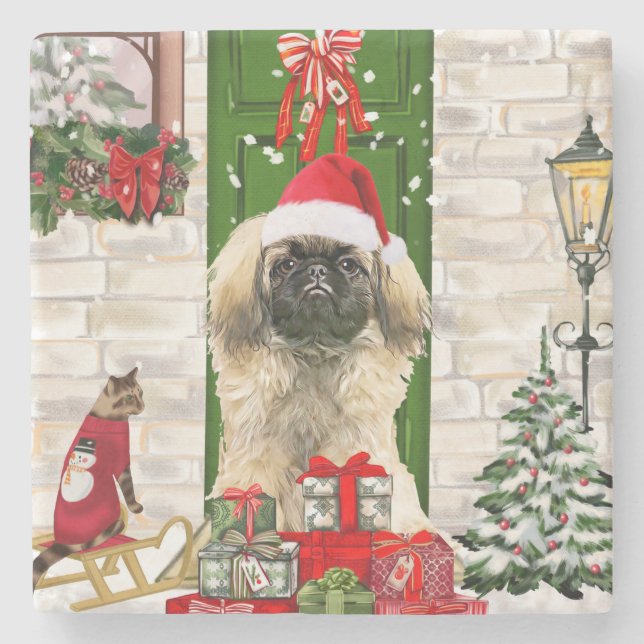 Porta-copo De Pedra Pekingese Dog Christmas (Frente)
