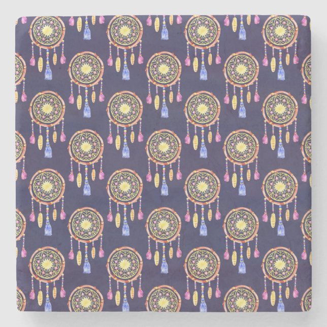 Porta-copo De Pedra Penas de Capturadores de Sonhos Textura Sem Costur (Frente)