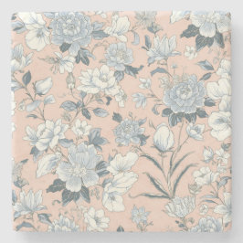 Porta-copo De Pedra Peônias Azuis Floral Botânico Vintage Pêssego