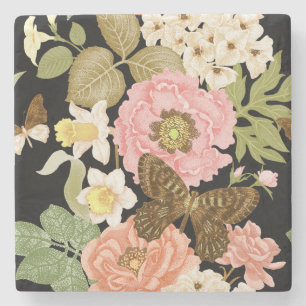 Porta-copo De Pedra Peônias de Rosas Vintage: Padrão Floral Preto