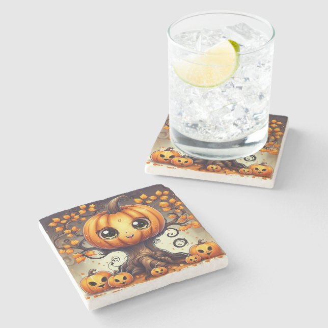 Porta-copo De Pedra Pequena árvore de abóbora do Halloween (Lateral)