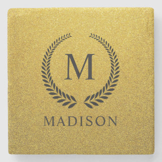 Porta-copo De Pedra Personalizado Dourado Preto e Glitter Monograma