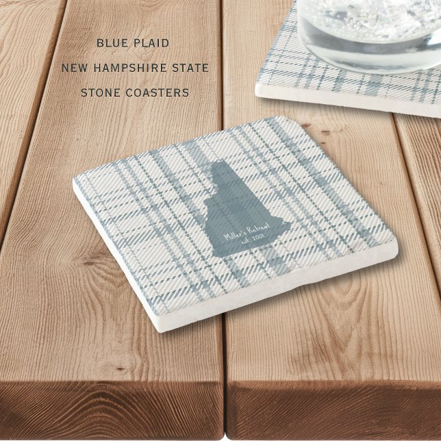 Porta-copo De Pedra Personalized Plaid New Hampshire Granite State  (Personalize these casual blue plaid New Hampshire state coasters. Perfect for cabins or lake house!)