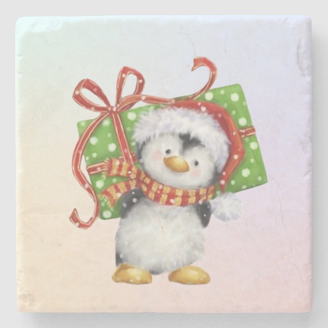 Porta-copo De Pedra Pinguim de Natal Festivo com Presente - Deco de Fé (Frente)