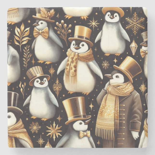 Porta-copo De Pedra Pinguim preto e Ouro (Frente)