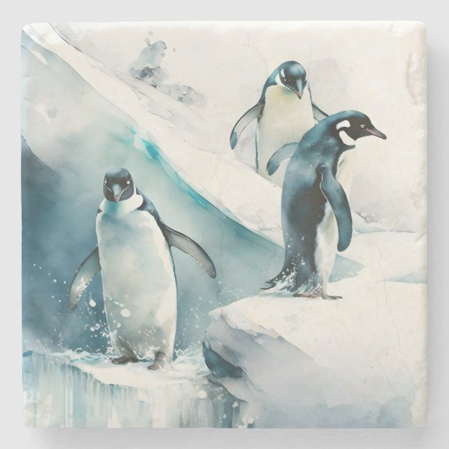 Porta-copo De Pedra Pinguins de Aquarela Reproduzíveis (Frente)