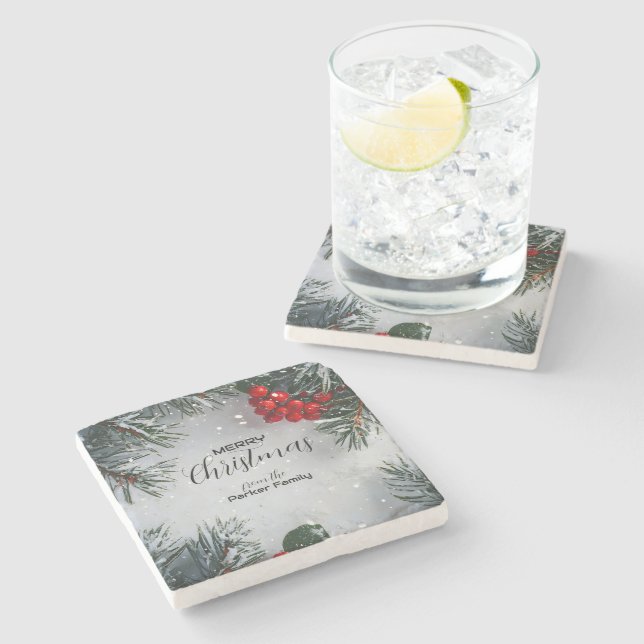 Porta-copo De Pedra Pinheiro Coberto De Neve, Holly Berries, Não Foto (Lateral)