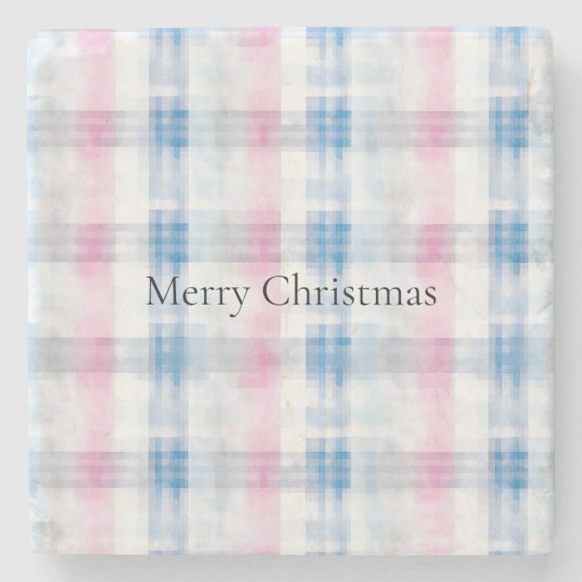 Porta-copo De Pedra Pink Blue White Plaid Stripes Christmas (Frente)