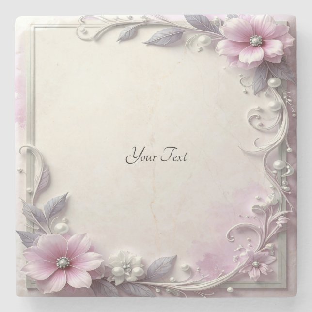 Porta-copo De Pedra Pink Floral Frame Stone Coaster (Frente)