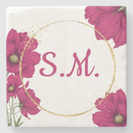 Porta-copo De Pedra Pink Floral Gold Circle