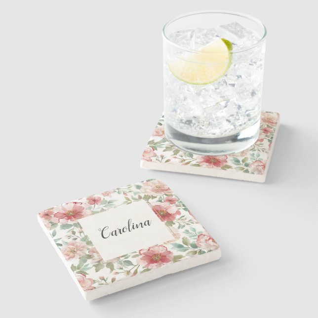 Porta-copo De Pedra Pink Red Flowers   (Lateral)