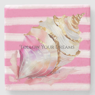 Porta-copo De Pedra Pink Watercolor Beach Strike Dourado Shell