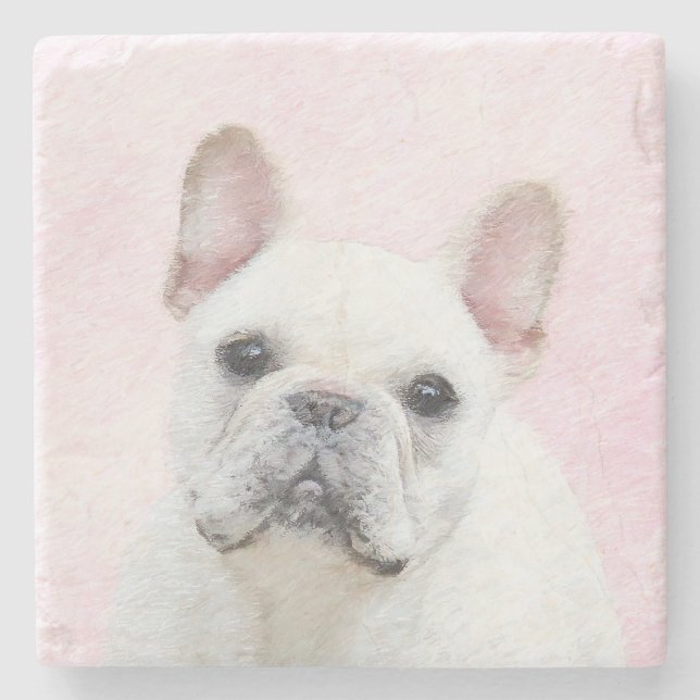 Porta-copo De Pedra Pintura de Bulldog Francês (Cream/Branco) - Arte C (Frente)