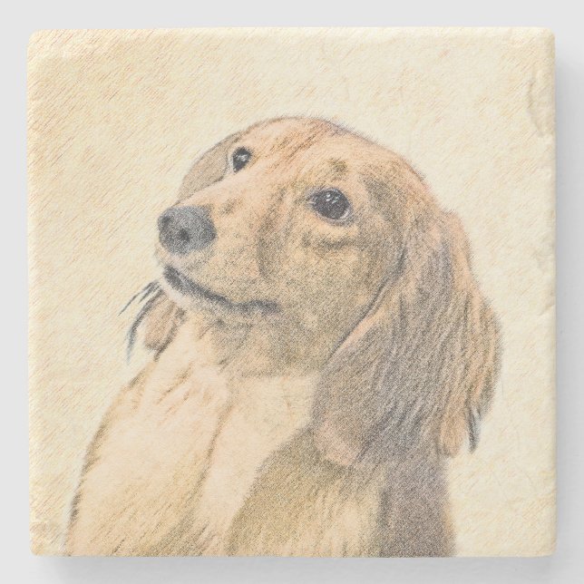 Porta-copo De Pedra Pintura de Dachshund (Longhaired) - Arte de Cão Or (Frente)