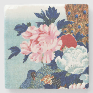 Porta-copo De Pedra Pintura de flores de pavão e peônias vintage