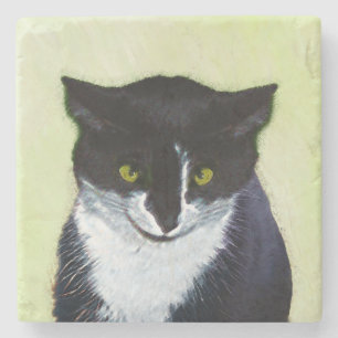 Porta-copo De Pedra Pintura de Gato Tuxedo - Arte de Gato Original Cus