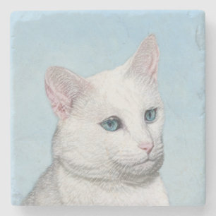 Porta-copo De Pedra Pintura de Gatos Brancos - Arte de Gato Original B