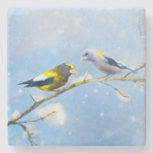 Porta-copo De Pedra Pintura de Grosbeak Evening - Arte de Cachorro Ori