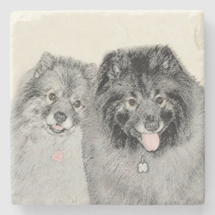 Porta-copo De Pedra Pintura de Keeshond, Mãe e Filho - Arte Original d