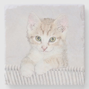 Porta-copo De Pedra Pintura de Kitten Amarelo - Arte Original para Gat