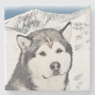 Porta-copo De Pedra Pintura de Malamute no Alasca - Arte de Cachorro O