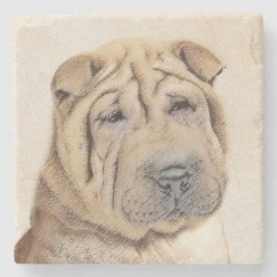 Porta-copo De Pedra Pintura de Shar Pei - Arte de Cão Original Bonita