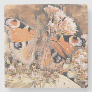 Porta-copo De Pedra Pintura de uma borboleta laranja e preta à flor