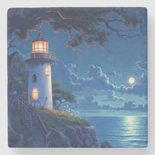 Porta-copo De Pedra Pintura digital de um farol à luz do luar