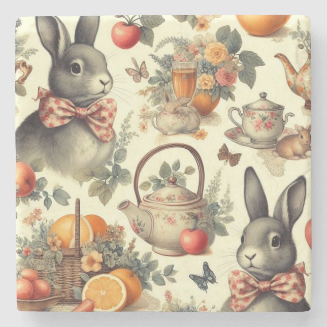 Porta-copo De Pedra Pintura do coelho da safra (Frente)