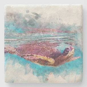 Porta-copo De Pedra Pintura em Aquarela de Tartaruga Verde Havaiana
