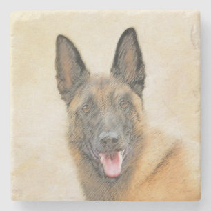 Porta-copo De Pedra Pintura em Malinois Belga - Arte Cachorra Original