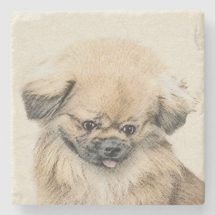 Porta-copo De Pedra Pintura em Pekingese - Arte Cachorra Original