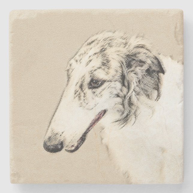 Porta-copo De Pedra Pintura Original de Cachorro Borzoi (Silver Brindl (Frente)