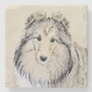 Porta-copo De Pedra Pintura Shetland Sheepdog - Arte Cachorreira Origi