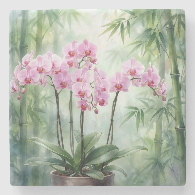 Porta-copo De Pedra Planta de Orquídea Rosa em Fundo de Bambu (Frente)