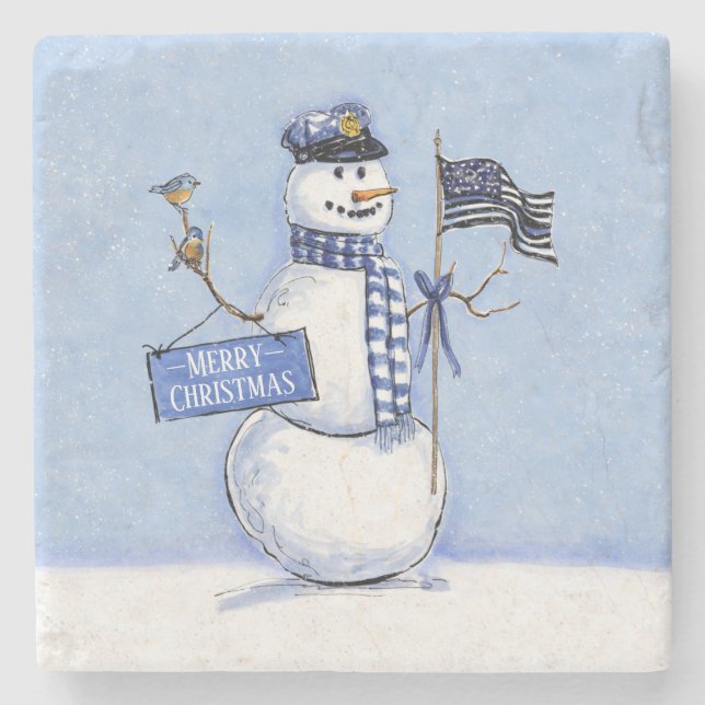 Porta-copo De Pedra Policial Thin Blue Line Snowman Natal (Frente)