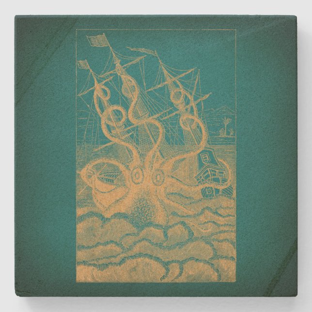 Porta-copo De Pedra Polvo gigante atacando navio Teal Antique Kraken (Frente)