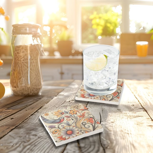 Porta-copo De Pedra Pombo e Design Floral (Pigeon and Floral Design Stone Coaster)