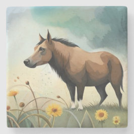 Porta-copo De Pedra Pônea castanho-branca no campo floral