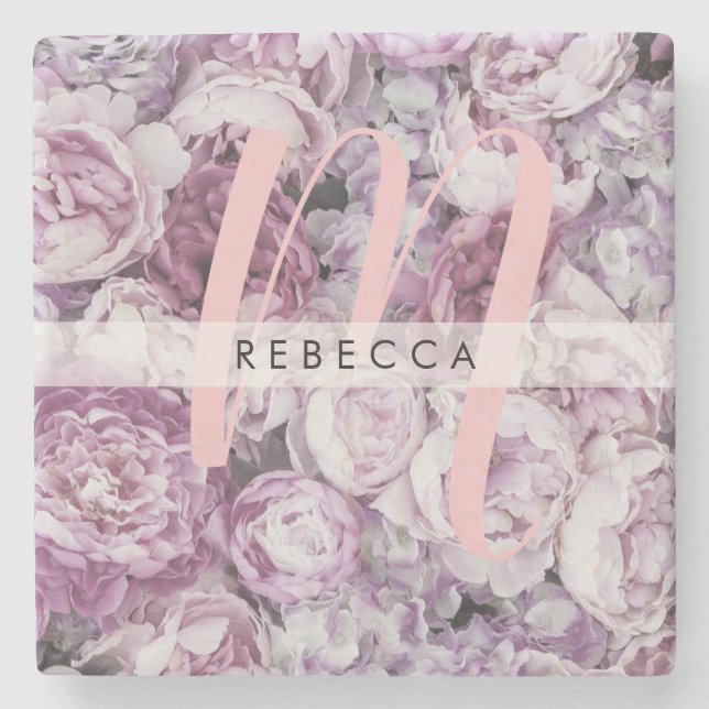 Porta-copo De Pedra Pony Roses Rosa Monograma de Script Floral (Frente)