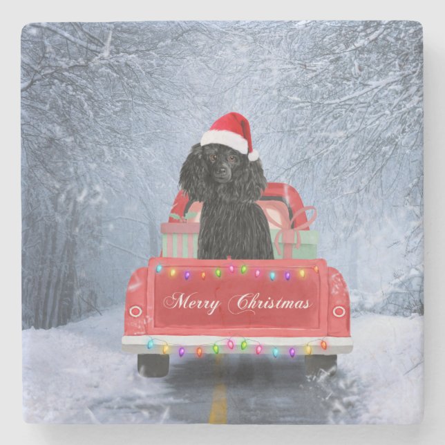 Porta-copo De Pedra Poodle Christmas (Frente)